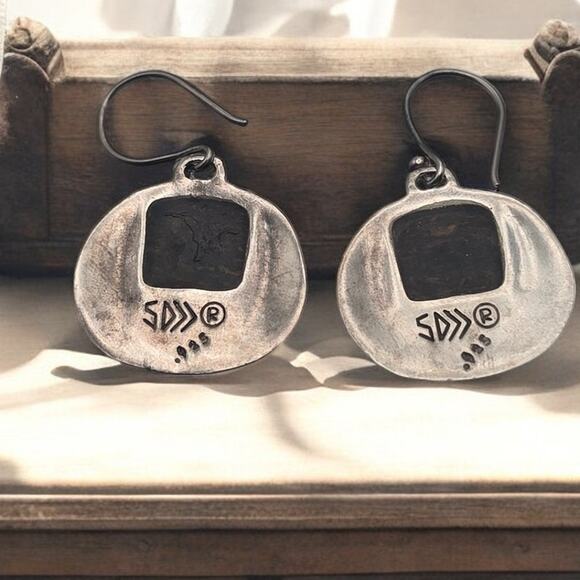 Silpada Signed Sterling Sliver Hammered Bronzite Dangle Wire Earrings - Picture 5 of 5